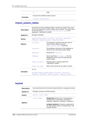 A ArcSight Commands
122 ArcSight ESM Administrator’s Guide Confidential
import_system_tables
keytool
-h Help
Examples
To launch the iDefense Setup wizard:
arcsight idefensesetup
Description
Command to import database tables. The file you import from must
be the one that export_system_tables utility created. This utility looks
for the dump file, arcsight_dump_system_tables.sql, in the
database’s <ARCSIGHT_HOME>.
Applies to Manager, Database
Syntax
import_system_tables <old_user> <new_user> <password>
<TNSname> <dump_file_path> <dump_file_name>
Options
<old_user> The database username that was used to
export system tables using the
export_system_tables command.
<new_user> The database username of the database to
which you are importing system tables
<password> Password for <new_user>
<TNSname> Name specified in tnsnames.ora for the
database to which you are importing the
system tables
<dump_file_path> Absolute path or relative path from
<ARCSIGHT_HOME>
<dump_file_name> Name of the dump file you plan to import
Examples
To run:
arcsight import_system_tables <old_user> <new_user>
<password> <TNSname> <dump_file_path> <dump_file_name>
Description Runs Java Runtime Environment keytool utility to manage key stores
Applies to Manager, Console, SmartConnectors
Syntax keytool –store <name>
Options
-store <name> (Required) Specific store {managerkeys |
managercerts | clientkeys | clientcerts |
ldapkeys | ldapcerts | webkeys | webcerts }
(original options) All options supported by
the JRE keytool utility are passed along. Use
arcsight keytool
 