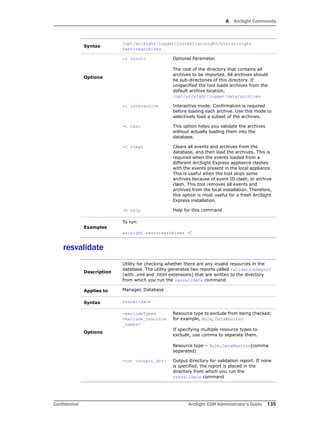 A ArcSight Commands
Confidential ArcSight ESM Administrator’s Guide 135
resvalidate
Syntax
/opt/arcsight/logger/current/arcsight/bin/arcsight
restorearchives
Options
-r <root> Optional Parameter.
The root of the directory that contains all
archives to be imported. All archives should
be sub-directories of this directory. If
unspecified the tool loads archives from the
default archive location,
/opt/arcsight/logger/data/archives
-i interactive Interactive mode. Confirmation is required
before loading each archive. Use this mode to
selectively load a subset of the archives.
-t test This option helps you validate the archives
without actually loading them into the
database.
-C clear Clears all events and archives from the
database, and then load the archives. This is
required when the events loaded from a
different ArcSight Express appliance clashes
with the events present in the local appliance.
This is useful when the tool skips some
archives because of event ID clash, or archive
clash. This tool removes all events and
archives from the local installation. Therefore,
this option is most useful for a fresh ArcSight
Express installation.
-h help Help for this command
Examples
To run:
arcsight restorearchives -C
Description
Utility for checking whether there are any invalid resources in the
database. The utility generates two reports called validationReport
(with .xml and .html extensions) that are written to the directory
from which you run the resvalidate command
Applies to Manager, Database
Syntax resvalidate
Options
-excludeTypes
<exclude_resource
_names>
Resource type to exclude from being checked;
for example, Rule, DataMonitor
If specifying multiple resource types to
exclude, use comma to separate them.
Resource type – Rule,DataMonitor(comma
separated)
-out <output_dir> Output directory for validation report. If none
is specified, the report is placed in the
directory from which you run the
resvalidate command
 