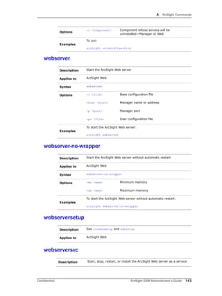 A ArcSight Commands
Confidential ArcSight ESM Administrator’s Guide 143
webserver
webserver-no-wrapper
webserversetup
webserversvc
Options
-c <component> Component whose service will be
uninstalled—Manager or Web
Examples
To run:
arcsight uninstallservice
Description Start the ArcSight Web server
Applies to ArcSight Web
Syntax webserver
Options -c <file> Base configuration file
-host <host> Manager name or address
-p <port> Manager port
-pc <file> User configuration file
Examples
To start the ArcSight Web server:
arcsight webserver
Description Start the ArcSight Web server without automatic restart
Applies to ArcSight Web
Syntax webserver-no-wrapper
Options -ms <mem> Minimum memory
-mx <mem> Maximum memory
Examples
To start the ArcSight Web server without automatic restart:
arcsight webserver-no-wrapper
Description See runwebsetup and websetup
Applies to ArcSight Web
Description Start, stop, restart, or install the ArcSight Web server as a service
 