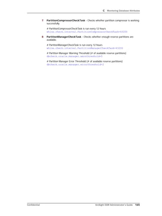 C Monitoring Database Attributes
Confidential ArcSight ESM Administrator’s Guide 165
7 PartitionCompressorCheckTask - Checks whether partition compressor is working
successfully.
# PartitionCompressorCheckTask is run every 12 hours
whine.check.interval.PartitionCompressorCheckTask=43200
8 PartitionManagerCheckTask - Checks whether enough reserve partitions are
available.
# PartitionManagerCheckTask is run every 12 hours
whine.check.interval.PartitionManagerCheckTask=43200
# Partition Manager Warning Threshold (# of available reserve partitions)
dbcheck.oracle.manager.warnthreshold=5
# Partition Manager Error Threshold (# of available reserve partitions)
dbcheck.oracle.manager.errorthreshold=2
 