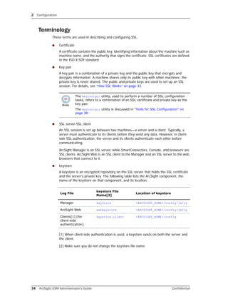 2 Configuration
34 ArcSight ESM Administrator’s Guide Confidential
Terminology
These terms are used in describing and configuring SSL:
 Certificate
A certificate contains the public key, identifying information about the machine such as
machine name, and the authority that signs the certificate. SSL certificates are defined
in the ISO X.509 standard.
 Key pair
A key pair is a combination of a private key and the public key that encrypts and
decrypts information. A machine shares only its public key with other machines; the
private key is never shared. The public and private keys are used to set up an SSL
session. For details, see “How SSL Works” on page 43.
 SSL server-SSL client
An SSL session is set up between two machines—a server and a client. Typically, a
server must authenticate to its clients before they send any data. However, in client-
side SSL authentication, the server and its clients authenticate each other before
communicating.
ArcSight Manager is an SSL server, while SmartConnectors, Console, and browsers are
SSL clients. ArcSight Web is an SSL client to the Manager and an SSL server to the web
browsers that connect to it.
 keystore
A keystore is an encrypted repository on the SSL server that holds the SSL certificate
and the server’s private key. The following table lists the ArcSight component, the
name of the keystore on that component, and its location.
[1] When client-side authentication is used, a keystore exists on both the server and
the client.
[2] Make sure you do not change the keystore file name.
The keytoolgui utility, used to perform a number of SSL configuration
tasks, refers to a combination of an SSL certificate and private key as the
key pair.
The keytoolgui utility is discussed in “Tools for SSL Configuration” on
page 38.
Log File
keystore File
Name[2]
Location of keystore
Manager keystore <ARCSIGHT_HOME>/config/jetty
ArcSight Web webkeystore <ARCSIGHT_HOME>/config/jetty
Clients[1] (for
client-side
authentication)
keystore.client <ARCSIGHT_HOME>/config
 