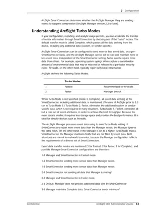 2 Configuration
Confidential ArcSight ESM Administrator’s Guide 83
ArcSight SmartConnectors determine whether the ArcSight Manager they are sending
events to supports compression (ArcSight Manager version 2.2 or later).
Understanding ArcSight Turbo Modes
If your configuration, reporting, and analytic usage permits, you can accelerate the transfer
of sensor information through SmartConnectors by choosing one of the "turbo" modes. The
default transfer mode is called Complete, which passes all the data arriving from the
device, including any additional data (custom, or vendor-specific).
ArcSight SmartConnectors can be configured to send more or less event data, on a per-
SmartConnector basis, and the ArcSight Manager can be set to read and maintain more or
less event data, independent of the SmartConnector setting. Some events require more
data than others. For example, operating system syslogs often capture a considerable
amount of environmental data that may or may not be relevant to a particular security
event. Firewalls, on the other hand, typically report only basic information.
ArcSight defines the following Turbo Modes:
When Turbo Mode is not specified (mode 3, Complete), all event data arriving at the
SmartConnector, including additional data, is maintained. (Versions of ArcSight prior to 3.0
ran in Turbo Mode 3.) Turbo Mode 2, Faster, eliminates the additional custom or vendor-
specific data, which is not required in many situations. Turbo Mode 1, Fastest, eliminates all
but a core set of event attributes, in order to achieve the best throughput. Because the
event data is smaller, it requires less storage space and provides the best performance. It is
ideal for simpler devices such as firewalls.
The ArcSight Manager processes event data using its own Turbo Mode setting. If
SmartConnectors report more event data than the Manager needs, the Manager ignores
the extra fields. On the other hand, if the Manager is set to a higher Turbo Mode than a
SmartConnector, the Manager maintains fields that are not filled by event data. Both
situations are normal in real-world scenarios, because the Manager configuration reflects
the requirements of a diverse set of SmartConnectors.
Event data transfer modes are numbered (1 for Fastest, 2 for Faster, 3 for Complete), and
possible Manager-SmartConnector configurations are therefore:
1-1 Manager and SmartConnector in Fastest mode
1-2 SmartConnector sending more sensor data than Manager needs
1-3 SmartConnector sending more sensor data than Manager needs
2-1 SmartConnector not sending all data that Manager is storing*
2-2 Manager and SmartConnector in Faster mode
2-3 Default: Manager does not process additional data sent by SmartConnector
3-1 Manager maintains Complete data, SmartConnector sends minimum*
Turbo Modes
1 Fastest Recommended for firewalls
2 Faster Manager default
 