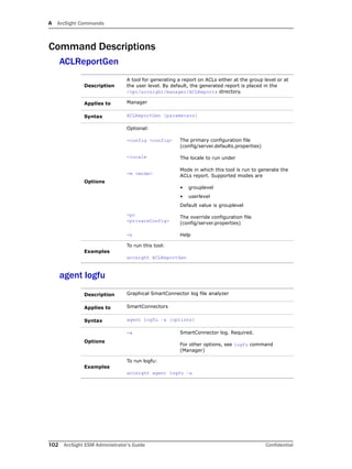 A ArcSight Commands
102 ArcSight ESM Administrator’s Guide Confidential
Command Descriptions
ACLReportGen
agent logfu
Description
A tool for generating a report on ACLs either at the group level or at
the user level. By default, the generated report is placed in the
/opt/arcsight/manager/ACLReports directory.
Applies to Manager
Syntax ACLReportGen [parameters]
Options
Optional:
-config <config>
-locale
-m <mode>
-pc
<privateConfig>
-h
The primary configuration file
(config/server.defaults.properties)
The locale to run under
Mode in which this tool is run to generate the
ACLs report. Supported modes are
• grouplevel
• userlevel
Default value is grouplevel
The override configuration file
(config/server.properties)
Help
Examples
To run this tool:
arcsight ACLReportGen
Description Graphical SmartConnector log file analyzer
Applies to SmartConnectors
Syntax agent logfu –a [options]
Options
-a SmartConnector log. Required.
For other options, see logfu command
(Manager)
Examples
To run logfu:
arcsight agent logfu –a
 