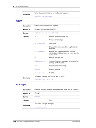 A ArcSight Commands
124 ArcSight ESM Administrator’s Guide Confidential
logfu
manager
Examples
To list Distinguished Names in the Console key store:
arcsight listsubjectdns
Description Graphical tool for analyzing log files.
Applies to Manager (See also agent logfu.)
Syntax logfu {-a | -c | -m} [options]
Options -a Analyze SmartConnector logs
-c Analyze Console logs
-f <timestamp> From time
-i Display information about the log files to be
analyzed
-l <timespec> Analyze only the specified time (Format:
<time>{smhd}) Examples: 1d = one day, 4h
= four hours
-m Analyze Manager logs
-mempercent <n> Percent of memory messages to consider for
plotting. (Default: 100)
-noex Skip exception processing
-noplot Skip the plotting
-t <timestamp> To time
Examples
To analyze Manager logs for the last 12 hours:
arcsight logfu –m –l 12h
Description Runs the ArcSight Manager in command line mode (not as a service)
Applies to Manager
Syntax manager
Options None
Examples
To run the ArcSight Manager:
arcsight manager
 
