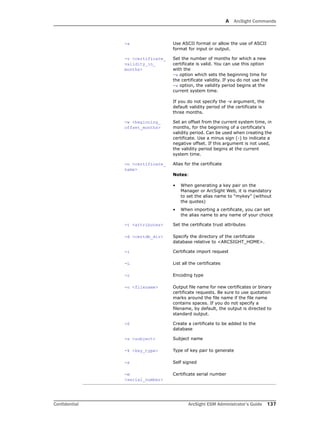A ArcSight Commands
Confidential ArcSight ESM Administrator’s Guide 137
-a Use ASCII format or allow the use of ASCII
format for input or output.
-v <certificate_
validity_in_
months>
Set the number of months for which a new
certificate is valid. You can use this option
with the 
-w option which sets the beginning time for
the certificate validity. If you do not use the 
-w option, the validity period begins at the
current system time.
If you do not specify the -v argument, the
default validity period of the certificate is
three months.
-w <beginning_
offset_months>
Set an offset from the current system time, in
months, for the beginning of a certificate's
validity period. Can be used when creating the
certificate. Use a minus sign (-) to indicate a
negative offset. If this argument is not used,
the validity period begins at the current
system time.
-n <certificate_
name>
Alias for the certificate
Notes:
• When generating a key pair on the
Manager or ArcSight Web, it is mandatory
to set the alias name to “mykey” (without
the quotes)
• When importing a certificate, you can set
the alias name to any name of your choice
-t <attributes> Set the certificate trust attributes
-d <certdb_dir> Specify the directory of the certificate
database relative to <ARCSIGHT_HOME>.
-i Certificate import request
-L List all the certificates
-r Encoding type
-o <filename> Output file name for new certificates or binary
certificate requests. Be sure to use quotation
marks around the file name if the file name
contains spaces. If you do not specify a
filename, by default, the output is directed to
standard output.
-S Create a certificate to be added to the
database
-s <subject> Subject name
-k <key_type> Type of key pair to generate
-x Self signed
-m
<serial_number>
Certificate serial number
 