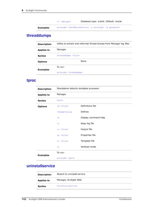 A ArcSight Commands
142 ArcSight ESM Administrator’s Guide Confidential
threaddumps
tproc
uninstallservice
-t <dbtype> Database type: oracle. Default: oracle
Examples arcsight testdbconnection –u arcsight –p password
Description Utility to extract and reformat thread dumps from Manager log files
Applies to Manager
Syntax threaddumps <file>
Options None
Examples
To run:
arcsight threaddumps
Description Standalone Velocity template processor
Applies to Manager
Syntax tproc
Options -d <file> Definitions file
-Dname=value Defines
-h Display command help
-l Keep log file
-o <file> Output file
-p <file> Properties file
-t <file> Template file
-v Verbose mode
Examples
To run:
arcsight tproc
Description Wizard to uninstall service
Applies to Manager, ArcSight Web
Syntax uninstallservice
 