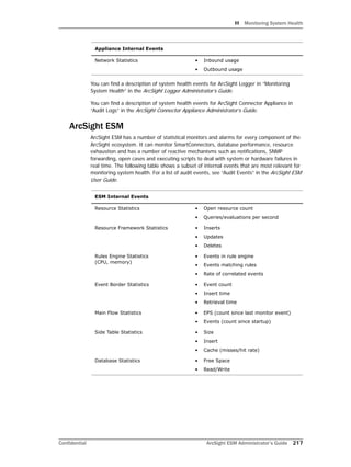 H Monitoring System Health
Confidential ArcSight ESM Administrator’s Guide 217
You can find a description of system health events for ArcSight Logger in “Monitoring
System Health” in the ArcSight Logger Administrator’s Guide.
You can find a description of system health events for ArcSight Connector Appliance in
“Audit Logs” in the ArcSight Connector Appliance Administrator’s Guide.
ArcSight ESM
ArcSight ESM has a number of statistical monitors and alarms for every component of the
ArcSight ecosystem. It can monitor SmartConnectors, database performance, resource
exhaustion and has a number of reactive mechanisms such as notifications, SNMP
forwarding, open cases and executing scripts to deal with system or hardware failures in
real time. The following table shows a subset of internal events that are most relevant for
monitoring system health. For a list of audit events, see “Audit Events” in the ArcSight ESM
User Guide.
Network Statistics • Inbound usage
• Outbound usage
ESM Internal Events
Resource Statistics • Open resource count
• Queries/evaluations per second
Resource Framework Statistics • Inserts
• Updates
• Deletes
Rules Engine Statistics
(CPU, memory)
• Events in rule engine
• Events matching rules
• Rate of correlated events
Event Border Statistics • Event count
• Insert time
• Retrieval time
Main Flow Statistics • EPS (count since last monitor event)
• Events (count since startup)
Side Table Statistics • Size
• Insert
• Cache (misses/hit rate)
Database Statistics • Free Space
• Read/Write
Appliance Internal Events
 