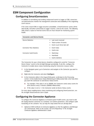 H Monitoring System Health
218 ArcSight ESM Administrator’s Guide Confidential
ESM Component Configuration
Configuring SmartConnectors
In addition to normalizing and sending compressed events to Logger or ESM, connectors
can alsoConnectors monitor the management connection and availability of the originating
event sources.
If for some reason ESM or Logger becomes unavailable, a SmartConnector caches all the
data locally, and when connectivity to Logger resumes, send on the events. The following
table shows a subset of internal events that are most relevant for monitoring system
health.
The Connectors for your critical devices should be configured to send the "Connector
Device Status" events to the ArcSight Manager periodically. To do this, configure the
Connector to enable device status monitoring using the Connectors resource editor.
1 In the Navigator panel, go to Connectors and navigate to the Connector you want to
configure.
2 Right-click the Connector and select Configure.
3 In the Connector editor in the Inspect/Edit panel, scroll down to the Processing
section. In the Enable Device Status Monitoring (in milliseconds) field, enter how often
you want the Connector to send Device Status Events.
 For example, if the value is set to 300000, the Connector sends status events for
all its devices every 5 minutes (300000 milliseconds).
 If the value is set to -1, the Connector sends no Device Status events.
For more about enabling device status monitoring and configuring SmartConnectors, see
the ArcSight SmartConnector User’s Guide.
Configuring the Connector Appliance
To configure the Connector Appliance to forward system health events, you need to add
the Syslog Daemon connector to a container, set runtime parameters, and configure audit
forwarding on the container. You can skip the steps below that are already done.
1 Upload an ESM Certificate to Connector Appliance so that the appliance and Manager
can communicate. Refer to the section "CA Certs Repository" in the ArcSight
Connector Appliance Administrator's Guide.
Connector and Device Events
Device Statistics • Last event received
• Total number of events
• Event count Since last call
Connector Flow Statistics • Event rates
• Cache size
Connector Audit Events • Start/stop
• Heartbeat
• Cache statistics
 