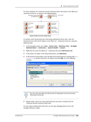 H Monitoring System Health
Confidential ArcSight ESM Administrator’s Guide 225
For these situations, the Connector Up and Connector Down rules points to the Black List -
Connectors active list, as shown in the following figure.
To exclude certain SmartConnectors from being evaluated by these rules, enter the
SmartConnector’s URI and IP address in the Black List - Connectors active list, using the
following steps:
1 In the Navigator panel, go to Lists > Active Lists > All Active Lists > ArcSight
Administration > Connectors > System Health > Custom.
2 Right-click the active list Black List - Connectors and select Edit Active List.
3 In the Active List Editor in the Inspect/Edit panel, click Add Entry.
4 In the ActiveList Entry Editor, enter the URI of the SmartConnector (starting with /All
Connectors) and the Connector’s IP address and click Add, as in the following
example:
5 Repeat steps 3 and 4 for every SmartConnector you want to exclude from the
Connector Up and Connector Down rules.
For more about working with active lists, see the topic Managing Active Lists in the
ArcSight ESM User’s Guide.
You can copy and paste the URI and the IP addresses from the Connector
Information active list.
 