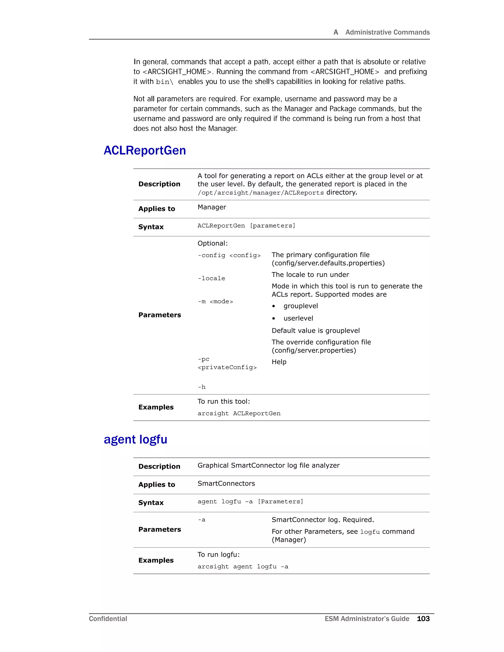 A Administrative Commands
Confidential ESM Administrator’s Guide 103
In general, commands that accept a path, accept either a path that is absolute or relative
to <ARCSIGHT_HOME>. Running the command from <ARCSIGHT_HOME> and prefixing
it with bin enables you to use the shell’s capabilities in looking for relative paths.
Not all parameters are required. For example, username and password may be a
parameter for certain commands, such as the Manager and Package commands, but the
username and password are only required if the command is being run from a host that
does not also host the Manager.
ACLReportGen
agent logfu
Description
A tool for generating a report on ACLs either at the group level or at
the user level. By default, the generated report is placed in the
/opt/arcsight/manager/ACLReports directory.
Applies to Manager
Syntax ACLReportGen [parameters]
Parameters
Optional:
-config <config>
-locale
-m <mode>
-pc
<privateConfig>
-h
The primary configuration file
(config/server.defaults.properties)
The locale to run under
Mode in which this tool is run to generate the
ACLs report. Supported modes are
• grouplevel
• userlevel
Default value is grouplevel
The override configuration file
(config/server.properties)
Help
Examples
To run this tool:
arcsight ACLReportGen
Description Graphical SmartConnector log file analyzer
Applies to SmartConnectors
Syntax agent logfu –a [Parameters]
Parameters
-a SmartConnector log. Required.
For other Parameters, see logfu command
(Manager)
Examples
To run logfu:
arcsight agent logfu –a
 