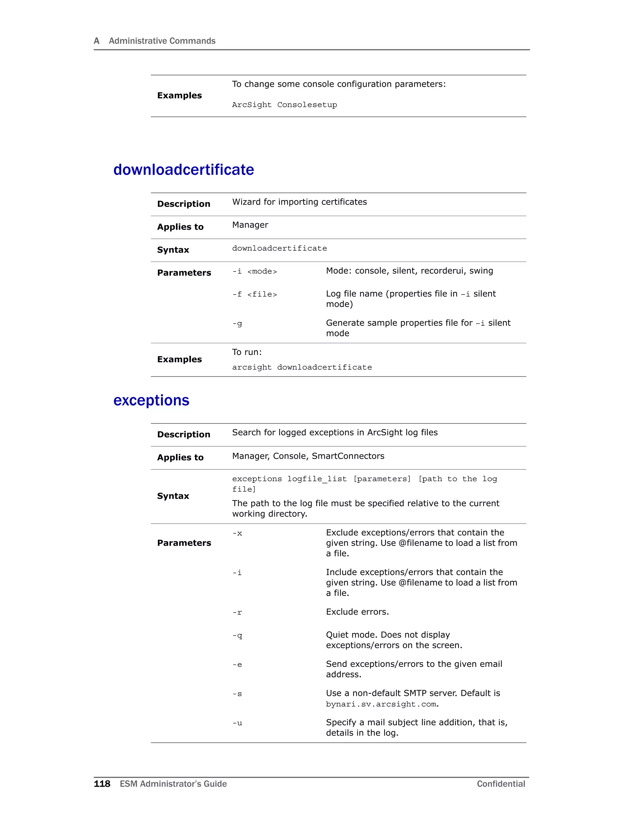 A Administrative Commands
118 ESM Administrator’s Guide Confidential
downloadcertificate
exceptions
Examples
To change some console configuration parameters:
ArcSight Consolesetup
Description Wizard for importing certificates
Applies to Manager
Syntax downloadcertificate
Parameters -i <mode> Mode: console, silent, recorderui, swing
-f <file> Log file name (properties file in –i silent
mode)
-g Generate sample properties file for –i silent
mode
Examples
To run:
arcsight downloadcertificate
Description Search for logged exceptions in ArcSight log files
Applies to Manager, Console, SmartConnectors
Syntax
exceptions logfile_list [parameters] [path to the log
file]
The path to the log file must be specified relative to the current
working directory.
Parameters
-x Exclude exceptions/errors that contain the
given string. Use @filename to load a list from
a file.
-i Include exceptions/errors that contain the
given string. Use @filename to load a list from
a file.
-r Exclude errors.
-q Quiet mode. Does not display
exceptions/errors on the screen.
-e Send exceptions/errors to the given email
address.
-s Use a non-default SMTP server. Default is
bynari.sv.arcsight.com.
-u Specify a mail subject line addition, that is,
details in the log.
 