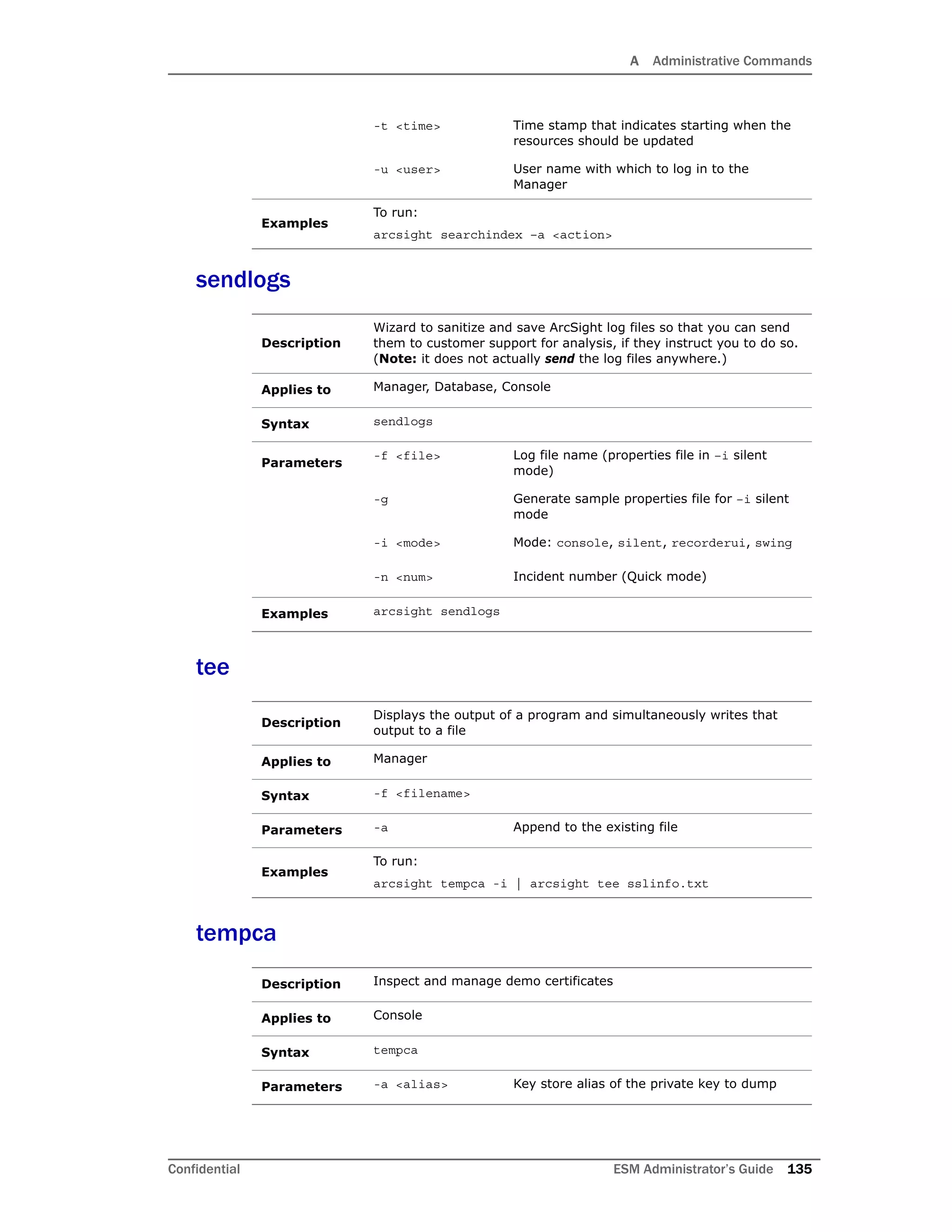 A Administrative Commands
Confidential ESM Administrator’s Guide 135
sendlogs
tee
tempca
-t <time> Time stamp that indicates starting when the
resources should be updated
-u <user> User name with which to log in to the
Manager
Examples
To run:
arcsight searchindex –a <action>
Description
Wizard to sanitize and save ArcSight log files so that you can send
them to customer support for analysis, if they instruct you to do so.
(Note: it does not actually send the log files anywhere.)
Applies to Manager, Database, Console
Syntax sendlogs
Parameters
-f <file> Log file name (properties file in –i silent
mode)
-g Generate sample properties file for –i silent
mode
-i <mode> Mode: console, silent, recorderui, swing
-n <num> Incident number (Quick mode)
Examples arcsight sendlogs
Description
Displays the output of a program and simultaneously writes that
output to a file
Applies to Manager
Syntax -f <filename>
Parameters -a Append to the existing file
Examples
To run:
arcsight tempca -i | arcsight tee sslinfo.txt
Description Inspect and manage demo certificates
Applies to Console
Syntax tempca
Parameters -a <alias> Key store alias of the private key to dump
 