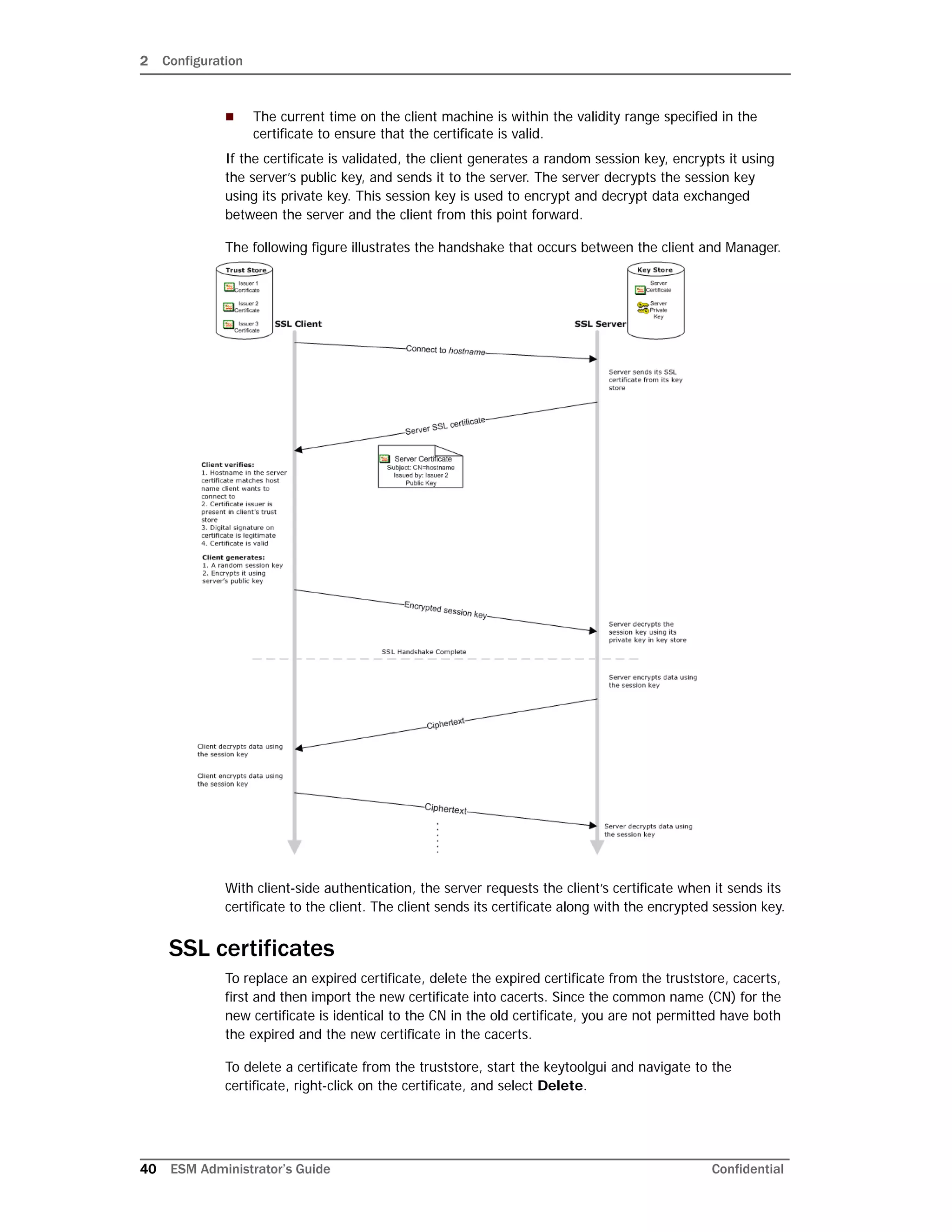 2 Configuration
40 ESM Administrator’s Guide Confidential
 The current time on the client machine is within the validity range specified in the
certificate to ensure that the certificate is valid.
If the certificate is validated, the client generates a random session key, encrypts it using
the server’s public key, and sends it to the server. The server decrypts the session key
using its private key. This session key is used to encrypt and decrypt data exchanged
between the server and the client from this point forward.
The following figure illustrates the handshake that occurs between the client and Manager.
With client-side authentication, the server requests the client’s certificate when it sends its
certificate to the client. The client sends its certificate along with the encrypted session key.
SSL certificates
To replace an expired certificate, delete the expired certificate from the truststore, cacerts,
first and then import the new certificate into cacerts. Since the common name (CN) for the
new certificate is identical to the CN in the old certificate, you are not permitted have both
the expired and the new certificate in the cacerts.
To delete a certificate from the truststore, start the keytoolgui and navigate to the
certificate, right-click on the certificate, and select Delete.
 
