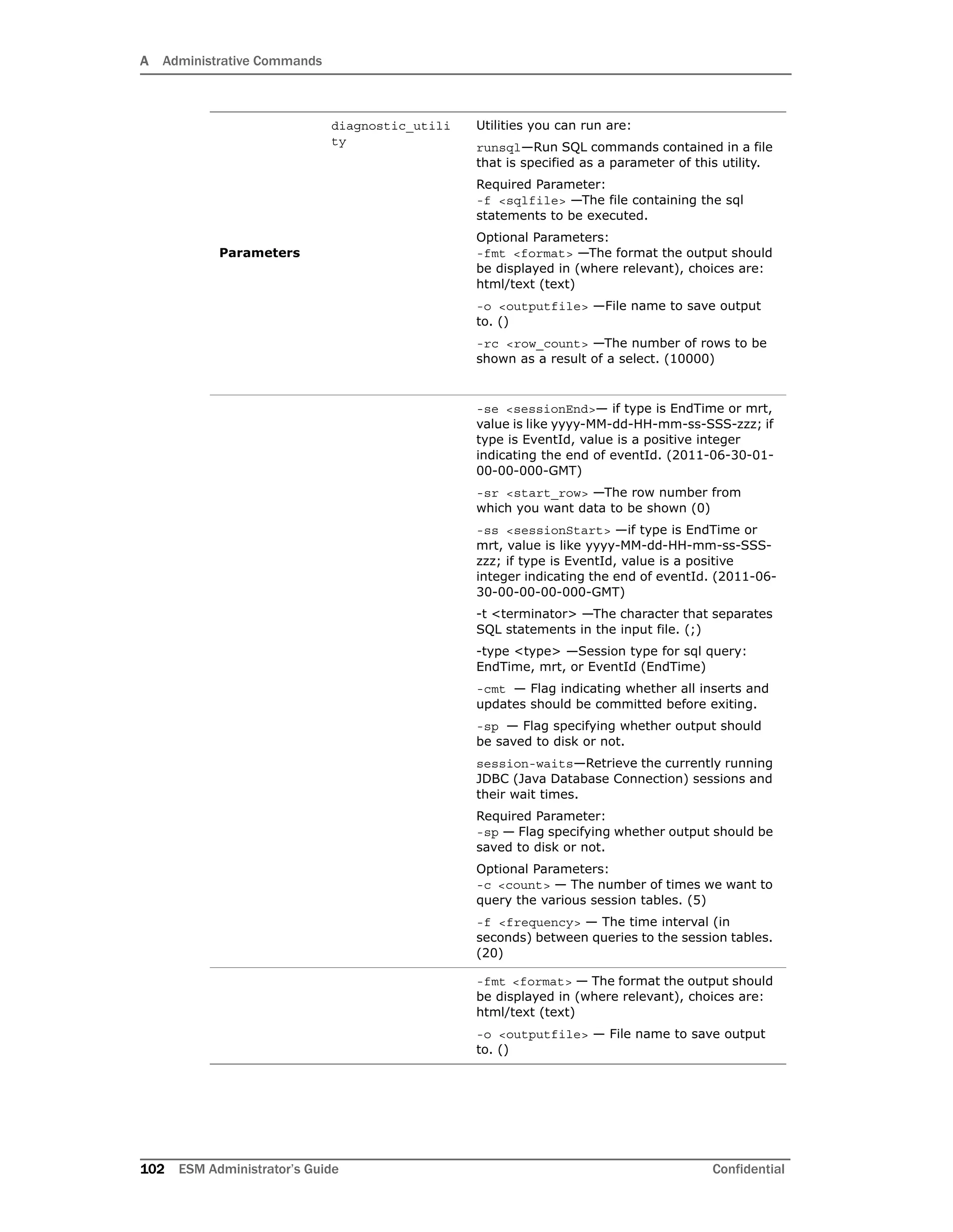 A Administrative Commands
102 ESM Administrator’s Guide Confidential
Parameters
diagnostic_utili
ty
Utilities you can run are:
runsql—Run SQL commands contained in a file
that is specified as a parameter of this utility.
Required Parameter:
-f <sqlfile> —The file containing the sql
statements to be executed.
Optional Parameters:
-fmt <format> —The format the output should
be displayed in (where relevant), choices are:
html/text (text)
-o <outputfile> —File name to save output
to. ()
-rc <row_count> —The number of rows to be
shown as a result of a select. (10000)
-se <sessionEnd>— if type is EndTime or mrt,
value is like yyyy-MM-dd-HH-mm-ss-SSS-zzz; if
type is EventId, value is a positive integer
indicating the end of eventId. (2011-06-30-01-
00-00-000-GMT)
-sr <start_row> —The row number from
which you want data to be shown (0)
-ss <sessionStart> —if type is EndTime or
mrt, value is like yyyy-MM-dd-HH-mm-ss-SSS-
zzz; if type is EventId, value is a positive
integer indicating the end of eventId. (2011-06-
30-00-00-00-000-GMT)
-t <terminator> —The character that separates
SQL statements in the input file. (;)
-type <type> —Session type for sql query:
EndTime, mrt, or EventId (EndTime)
-cmt — Flag indicating whether all inserts and
updates should be committed before exiting.
-sp — Flag specifying whether output should
be saved to disk or not.
session-waits—Retrieve the currently running
JDBC (Java Database Connection) sessions and
their wait times.
Required Parameter:
-sp — Flag specifying whether output should be
saved to disk or not.
Optional Parameters:
-c <count> — The number of times we want to
query the various session tables. (5)
-f <frequency> — The time interval (in
seconds) between queries to the session tables.
(20)
-fmt <format> — The format the output should
be displayed in (where relevant), choices are:
html/text (text)
-o <outputfile> — File name to save output
to. ()
 