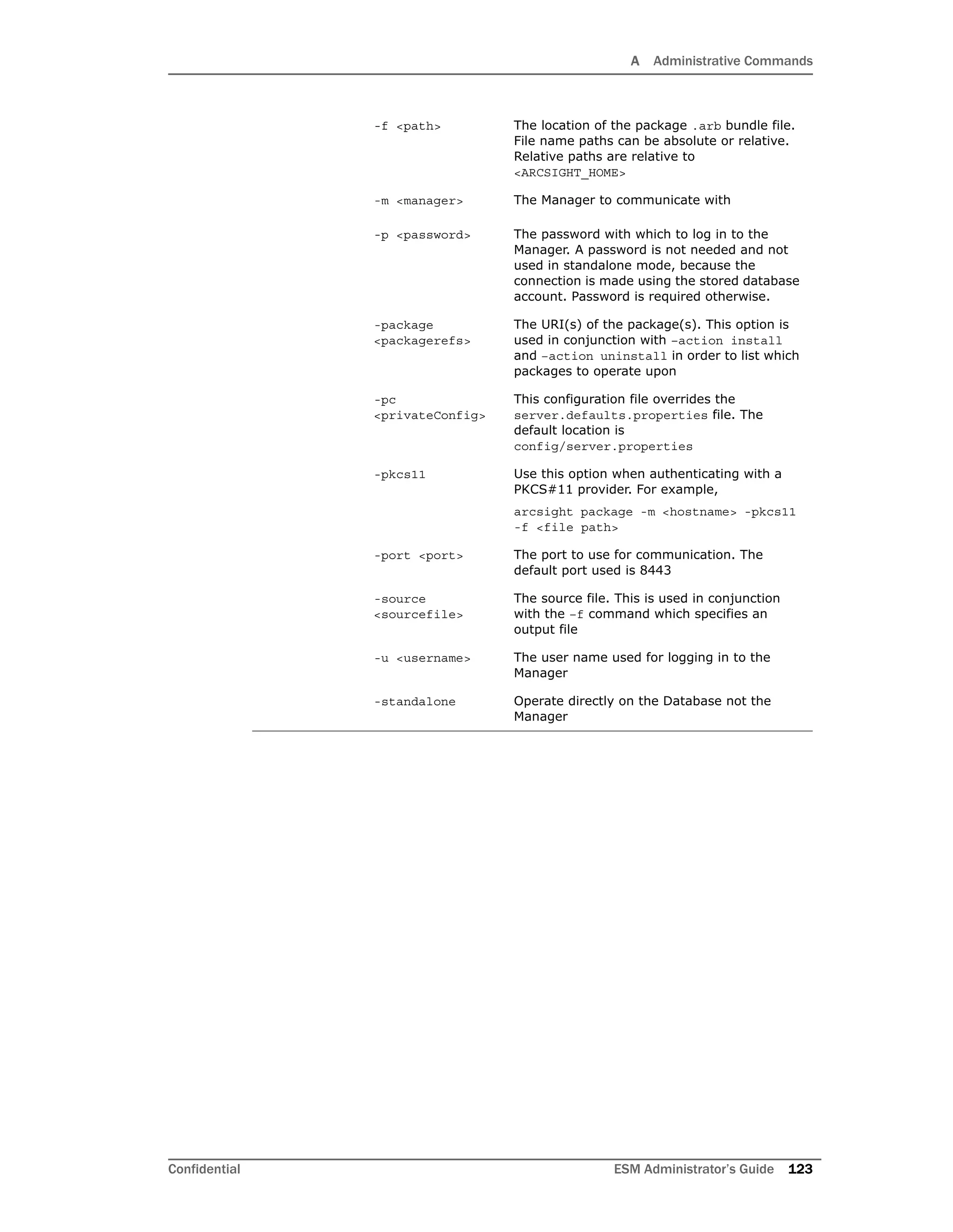 A Administrative Commands
Confidential ESM Administrator’s Guide 123
-f <path> The location of the package .arb bundle file.
File name paths can be absolute or relative.
Relative paths are relative to
<ARCSIGHT_HOME>
-m <manager> The Manager to communicate with
-p <password> The password with which to log in to the
Manager. A password is not needed and not
used in standalone mode, because the
connection is made using the stored database
account. Password is required otherwise.
-package
<packagerefs>
The URI(s) of the package(s). This option is
used in conjunction with –action install
and –action uninstall in order to list which
packages to operate upon
-pc
<privateConfig>
This configuration file overrides the
server.defaults.properties file. The
default location is
config/server.properties
-pkcs11 Use this option when authenticating with a
PKCS#11 provider. For example,
arcsight package -m <hostname> -pkcs11
-f <file path>
-port <port> The port to use for communication. The
default port used is 8443
-source
<sourcefile>
The source file. This is used in conjunction
with the –f command which specifies an
output file
-u <username> The user name used for logging in to the
Manager
-standalone Operate directly on the Database not the
Manager
 