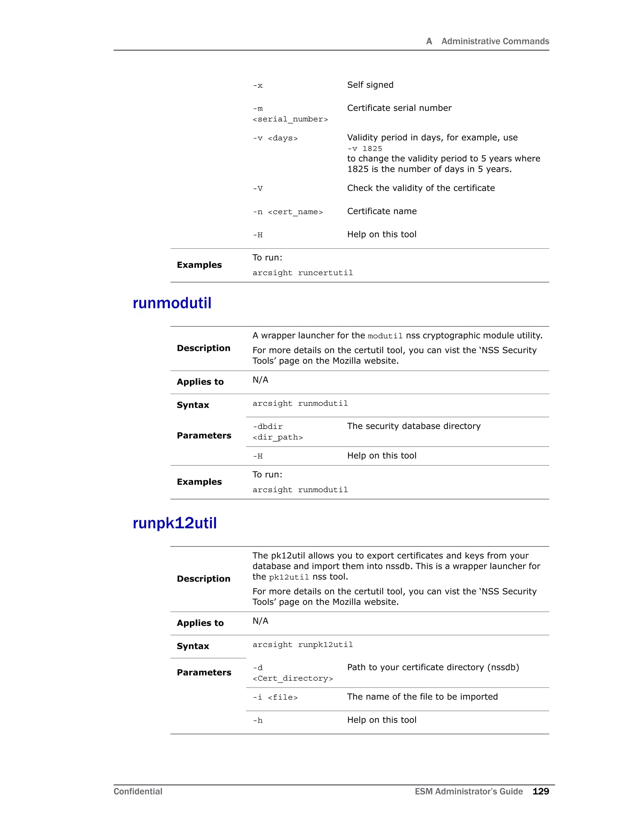 A Administrative Commands
Confidential ESM Administrator’s Guide 129
runmodutil
runpk12util
-x Self signed
-m
<serial_number>
Certificate serial number
-v <days> Validity period in days, for example, use
-v 1825
to change the validity period to 5 years where
1825 is the number of days in 5 years.
-V Check the validity of the certificate
-n <cert_name> Certificate name
-H Help on this tool
Examples
To run:
arcsight runcertutil
Description
A wrapper launcher for the modutil nss cryptographic module utility.
For more details on the certutil tool, you can vist the ‘NSS Security
Tools’ page on the Mozilla website.
Applies to N/A
Syntax arcsight runmodutil
Parameters
-dbdir
<dir_path>
The security database directory
-H Help on this tool
Examples
To run:
arcsight runmodutil
Description
The pk12util allows you to export certificates and keys from your
database and import them into nssdb. This is a wrapper launcher for
the pk12util nss tool.
For more details on the certutil tool, you can vist the ‘NSS Security
Tools’ page on the Mozilla website.
Applies to N/A
Syntax arcsight runpk12util
Parameters
-d
<Cert_directory>
Path to your certificate directory (nssdb)
-i <file> The name of the file to be imported
-h Help on this tool
 