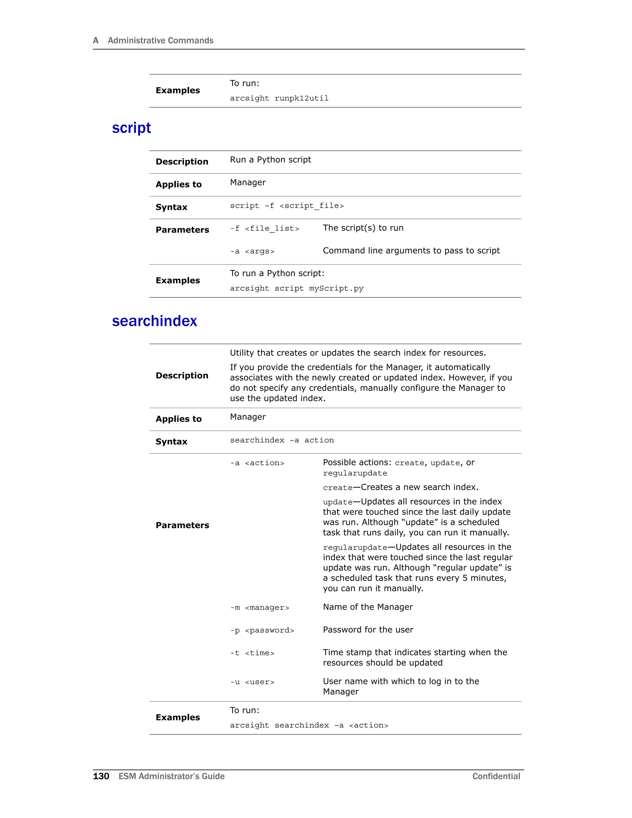 A Administrative Commands
130 ESM Administrator’s Guide Confidential
script
searchindex
Examples
To run:
arcsight runpk12util
Description Run a Python script
Applies to Manager
Syntax script –f <script_file>
Parameters -f <file_list> The script(s) to run
-a <args> Command line arguments to pass to script
Examples
To run a Python script:
arcsight script myScript.py
Description
Utility that creates or updates the search index for resources.
If you provide the credentials for the Manager, it automatically
associates with the newly created or updated index. However, if you
do not specify any credentials, manually configure the Manager to
use the updated index.
Applies to Manager
Syntax searchindex –a action
Parameters
-a <action> Possible actions: create, update, or
regularupdate
create—Creates a new search index.
update—Updates all resources in the index
that were touched since the last daily update
was run. Although “update” is a scheduled
task that runs daily, you can run it manually.
regularupdate—Updates all resources in the
index that were touched since the last regular
update was run. Although “regular update” is
a scheduled task that runs every 5 minutes,
you can run it manually.
-m <manager> Name of the Manager
-p <password> Password for the user
-t <time> Time stamp that indicates starting when the
resources should be updated
-u <user> User name with which to log in to the
Manager
Examples
To run:
arcsight searchindex –a <action>
 