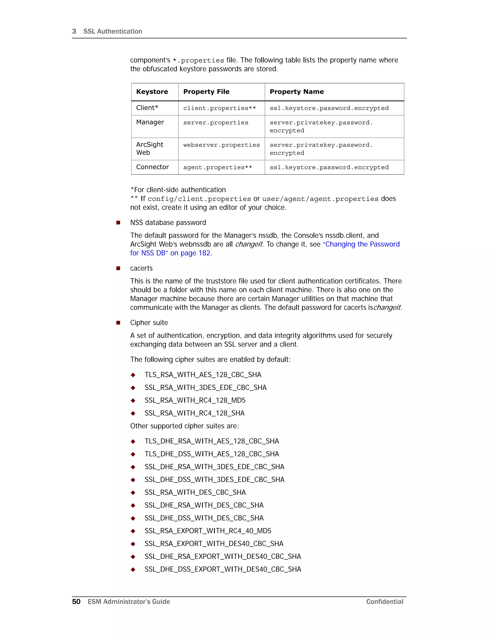 3 SSL Authentication
50 ESM Administrator’s Guide Confidential
component’s *.properties file. The following table lists the property name where
the obfuscated keystore passwords are stored.
*For client-side authentication
** If config/client.properties or user/agent/agent.properties does
not exist, create it using an editor of your choice.
 NSS database password
The default password for the Manager’s nssdb, the Console’s nssdb.client, and
ArcSight Web’s webnssdb are all changeit. To change it, see “Changing the Password
for NSS DB” on page 182.
 cacerts
This is the name of the truststore file used for client authentication certificates. There
should be a folder with this name on each client machine. There is also one on the
Manager machine because there are certain Manager utilities on that machine that
communicate with the Manager as clients. The default password for cacerts ischangeit.
 Cipher suite
A set of authentication, encryption, and data integrity algorithms used for securely
exchanging data between an SSL server and a client.
The following cipher suites are enabled by default:
 TLS_RSA_WITH_AES_128_CBC_SHA
 SSL_RSA_WITH_3DES_EDE_CBC_SHA
 SSL_RSA_WITH_RC4_128_MD5
 SSL_RSA_WITH_RC4_128_SHA
Other supported cipher suites are:
 TLS_DHE_RSA_WITH_AES_128_CBC_SHA
 TLS_DHE_DSS_WITH_AES_128_CBC_SHA
 SSL_DHE_RSA_WITH_3DES_EDE_CBC_SHA
 SSL_DHE_DSS_WITH_3DES_EDE_CBC_SHA
 SSL_RSA_WITH_DES_CBC_SHA
 SSL_DHE_RSA_WITH_DES_CBC_SHA
 SSL_DHE_DSS_WITH_DES_CBC_SHA
 SSL_RSA_EXPORT_WITH_RC4_40_MD5
 SSL_RSA_EXPORT_WITH_DES40_CBC_SHA
 SSL_DHE_RSA_EXPORT_WITH_DES40_CBC_SHA
 SSL_DHE_DSS_EXPORT_WITH_DES40_CBC_SHA
Keystore Property File Property Name
Client* client.properties** ssl.keystore.password.encrypted
Manager server.properties server.privatekey.password.
encrypted
ArcSight
Web
webserver.properties server.privatekey.password.
encrypted
Connector agent.properties** ssl.keystore.password.encrypted
 