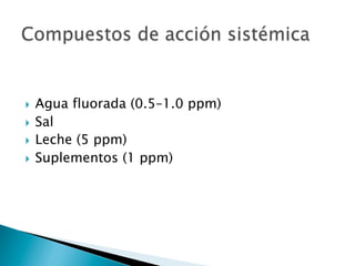 }  Agua fluorada (0.5–1.0 ppm)
}  Sal
}  Leche (5 ppm)
}  Suplementos (1 ppm)
 