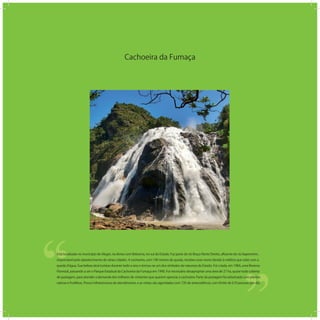 Cachoeira da Fumaça
‘‘
‘‘Está localizada no município de Alegre, na divisa com Ibitirama, no sul do Estado. Faz parte do rio Braço Norte Direito, aﬂuente do rio Itapemirim,
responsável pelo abastecimento de várias cidades. A cachoeira, com 140 metros de queda, recebeu esse nome devido à neblina que sobe com a
queda d água. Sua beleza atrai turistas durante todo o ano e tornou-se um dos símbolos da natureza do Estado. Foi criada, em 1984, uma Reserva
Florestal, passando a ser o Parque Estadual da Cachoeira da Fumaça em 1990. Foi necessário desapropriar uma área de 27 ha, quase toda coberta
de pastagem, para atender a demanda dos milhares de visitantes que querem apreciar a cachoeira. Parte da pastagem foi arborizada com plantas
nativas e frutíferas. Possui infraestrutura de atendimento, e as visitas são agendadas com 72h de antecedência, com limite de 610 pessoas por dia.
 