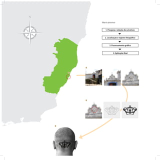 N
1. Pesquisa e seleção dos atrativos
2. Localização e registro fotográﬁco
3. Processamento gráﬁco
4. Aplicação ﬁnal
Macro processo
1
3
4
2
 