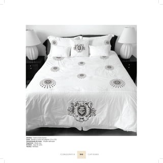 18 0I C O N O G R A F I A C A P I X A B A
Atrativo - Teatro Carlos Gomes
Ícone - Brasão e Lustre (ref. páginas 131 e 133)
Interpretação do ícone - Simples aplicação
Segmento - Moda casa
Produto - Jogo de cama
Técnica - Bordado
 