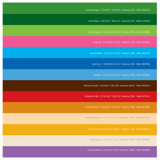 Verde Mangue - C 70, M 0, Y 100, K 25 - Pantone: 363C - Web: #338C26
Verde Mata - C 80, M 0, Y 100, K 55 - Pantone: 357C - Web: #144D29
Verde Litoral - C 55, M 0, Y 100, K 0 - Pantone: 376C - Web: #7DB900
Rosa Céu - C 0, M 80, Y 10, K 0 - Pantone: 212C - Web: #F54A91
Azul Bandeira - C 85, M 5, Y 0, K 0 - Pantone: 299C - Web: #00A3E0
Azul Céu - C 100, M 60, Y 0, K 0 - Pantone: 293C - Web: #0047BA
Azul Mar - C 65, M 20, Y 0, K 0 - Pantone: 542C - Web: #6699C2
Marrom Panela - C 0, M 60, Y 100, K 80 - Pantone: 4625C - Web: #4D2612
Vermelho Café - C 0, M 100, Y 100, K 10 - Pantone: 186C - Web: #CF1412
Coral Moqueca - C 0, M 50, Y 100, K 10 - Pantone: 166C - Web: #D95900
Areia Marataízes - C 0, M 15, Y 35, K 0 - Pantone: 1205C - Web: #FFCC99
Ocre Concha - C 0, M 30, Y 100, K 5 - Pantone: 124C - Web: #F4AD12
Areia Itaúnas - C 0, M 5, Y 15, K 5 - Pantone: 7499C - Web: #F2E8C7
Lilás Orquídea- C 45, M 70, Y 0, K 0 - Pantone: 2582C - Web: #AB45BF
 