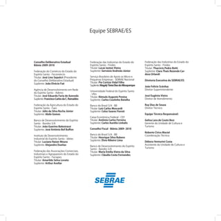 Conselho Deliberativo Estadual
Biênio 2009-2010
Federação do Comércio do Estado do
Espírito Santo - Fecomércio
Titular: José Lino Sepulcri (Presidente
do Conselho Deliberativo Estadual)
Suplente: João Elvécio Faé
Agência de Desenvolvimento em Rede
do Espírito Santo - Aderes
Titular: José Eduardo Faria de Azevedo
Suplente: FranciscoCarlosdaC.Ramaldes
Federação da Agricultura do Estado do
Espírito Santo - Faes
Titular: Júlio da Silva Rocha Júnior
Suplente: Abdo Gomes
Banco de Desenvolvimento do Espírito
Santo - Bandes S/A
Titular: João Guerino Balestrassi
Suplente: José Antônio Bof Buﬀon
Instituto de Desenvolvimento
Industrial do Espírito Santo - Ideies
Titular: Luciano Raizer Moura
Suplente: Alejandro Dueñas
Federação das Associações Comerciais,
Industriais e Agropastoris do Estado do
Espírito Santo - Faciapes
Titular: Amarildo Selva Lovato
Suplente: Arthur Avellar
Equipe SEBRAE/ES
Federação das Indústrias do Estado do
Espírito Santo - Findes
Titular: Tharcicio Pedro Botti
Suplente: Clara Thais Rezende Car-
doso Orlandi
Diretoria Executiva do SEBRAE/ES
João Felício Scárdua
Diretor-Superintendente
José Eugênio Vieira
Diretor de Atendimento
Ruy Dias de Souza
Diretor Técnico
Equipe Técnica Responsável:
Gelisa Lara de Couto Bosi
Gerente da Unidade de Cultura e
Turismo
Roberto Cirico Maciel
Coordenação Técnica
Débora Venturini Costa
Assistente da Unidade de Cultura e
Turismo
Federação das Indústrias do Estado do
Espírito Santo - Findes
Titular: Lucas Izoton Vieira
Suplente: Gervásio Andreão Júnior
Serviço Brasileiro de Apoio às Micro e
Pequenas Empresas - SEBRAE Nacional
Titular: Pio Cortizo Vidal Filho
Suplente:MagalyTâniaDiasdeAlbuquerque
Universidade Federal do Espírito Santo
- Ufes
Titular: Rômulo Augusto Penina
Suplente: Carlos Coutinho Batalha
Banco do Brasil S/A - BB
Titular: Luís Carlos Moscardi
Suplente: Celso Soares Fioroti
Caixa Econômica Federal - CEF
Titular: Antônio Carlos Ferreira
Suplente: Carlos Aurélio Linhalis
Conselho Fiscal - Biênio 2009- 2010
Banco do Brasil S/A - BB
Titular: Henrique Silva Rubens
Suplente: Élvio Ribeiro Lima
Banco de Desenvolvimento do Espírito
Santo - Bandes S/A
Titular: Maria Emília Vieira da Silva
Suplente: Cláudia Costa Fernandes
 