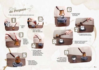 1
3
4
5
2
6
7
8
9
� Colocar a
água na
ibirik.
� Moer o café mais fino possível, preferência com moedor turco.
� Adicionar o café e o
açúcar, caso deseje
adoçar. Não mexer ainda.
� Quando o
café estiver
afundando
na água e um
pouco quente,
mexer bem.
� Controlar o fogo para
formar espuma, mas
não deixar ferver. Caso
necessário, levantar a ibrik
afastando da fonte de
calor para não derramar.
� Aproximar da fonte
de calor para mais
uma elevação.
� Tampar a xícara e
deixar por 1 a 2 minutos
Caso queira, pode
adicionar um cardamomo
à xícara antes de servir.
� Na segunda elevação, servir a
metade do café em uma xícara.
� Voltar para o calor e, na terceira
elevação, servir o restante
do café na mesma xícara.
� Deixar a espuma
levantar até a borda
uma vez, afastando da
fonte de calor para não
ferver nem derramar.
Modo
de Preparo
M A N U A L D E M É T O D O S D E P R E P A R O D E C A F É � 3736 �
 
