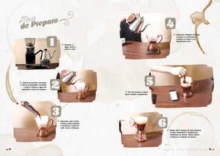 1
3
2
4
5
6
� Aquecer a
água, moer e
pesar o café.
� Dobrar as bordas e encaixar
o filtro no gotejador. Escaldar
o filtro e liberar a água do
gotejador antes do preparo.
� Em um minuto e meio,
abrir e mexer a superfície.
� Adicionar café moído.
Colocar sobre balança
e certificar o peso do
café. Tarar a balança.
� Adicionar 270g/ml de água
e iniciar o cronômetro.
Comece no meio e em
espiral para fora.
� Deixar até o tempo de três minutos
e meio. Posicionar o suporte em
recipiente ou xícara. Assim, abrirá
a válvula e a bebida vai descer.
Modo
de Preparo
M A N U A L D E M É T O D O S D E P R E P A R O D E C A F É � 4140 �
 