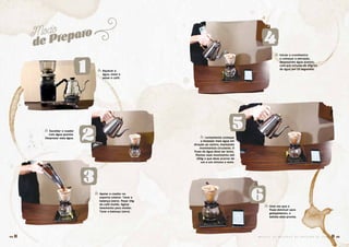 1
3
2
4
5
6
� Aquecer a
água, moer e
pesar o café.
� Escaldar o coador
com água quente.
Desprezar essa água. � Lentamente começar
a despejar mais água em
direção ao centro, mantendo
movimentos circulares. O
fluxo de água deve ser lento.
Manter esse movimento até
100g o que deve ocorrer de
um a um minuto e meio.
� Apoiar o coador no
suporte coletor. Tarar a
balança (zero). Pesar 10g
de café moído. Agitar
levemente para nivelar.
Tarar a balança (zero).
� Iniciar o cronômetro
e começar a extração,
despejando água quente,
com pré-infusão de 10g/ml
de água por 15 segundos.
� Uma vez que o
fluxo diminuir para
gotejamento, a
bebida está pronta.
Modo
de Preparo
M A N U A L D E M É T O D O S D E P R E P A R O D E C A F É � 4544 �
 