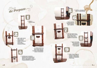 1
3
4
2
5
6
7
8
9
� Montar o
conjunto Moica.
� Moer o café e colocar
sobre o filtro no
compartimento
número 2. Compactar
o pó de café
com um tamper
totalmente nivelado.
� Certificar que a torneira de
gotejamento do compartimento
número 1 está fechada. Colocar
200 ml de água gelada e completar
o volume até 600 ml com gelo.
� Abrir a torneira
de gotejamento no
fluxo de 3 gotas a
cada 5 segundos.
� Após a pré-infusão,
abrir a torneira de
gotejamento no
fluxo de uma gota
a cada segundo.
� Assim que observar que o
pó de café está por inteiro
úmido, cessar o fluxo
de água e deixar por 30
segundos em pré-infusão.
� Colocar um filtro de
papel circular sobre o pó
para impedir respingos.
Posicionar o compartimento
número 2 na estrutura.
� Certificar a colocação de
todos os compartimentos.
� Cessar o fluxo de água no
momento em que obtiver
o volume, a concentração
desejada ou o equivalente
a cinco horas.
Modo
de Preparo
M A N U A L D E M É T O D O S D E P R E P A R O D E C A F É � 4948 �
 