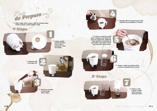 1
2
3
4
5
6
7
� Tampar a parte
inferior do balde
com a rolha e
posicionar o filtro
no encaixe.
� Adicionar 280
ml de água fria.
� Adicionar a metade
do café moído
sobre a água.
� Colocar o restante do café
moído e despejar mais 840 ml de
água fria lentamente, molhando
toda superfície. Com fundo de
uma colher, levemente, afundar
o pó flutuante. Nunca mexer.
� Despejar 840 ml de água fria por toda
superfície do pó. Aguardar 5 minutos.
� Tampar o balde com plástico filme
e colocar na geladeira por 12 horas.
� Retirar a rolha
e apoiar o balde
sobre a jarra de
vidro para filtrar.
Modo
de Preparo
� Medir a água. Moer e pesar o café. Na primeira etapa
utilizar somente o balde plástico Toddy.
1ª Etapa
2ª Etapa
M A N U A L D E M É T O D O S D E P R E P A R O D E C A F É � 6160 �
 