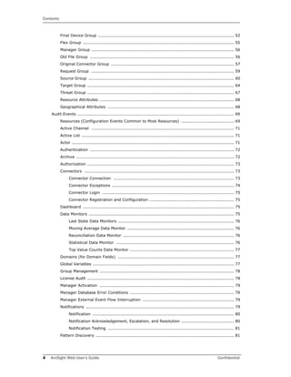 Contents
4 ArcSight Web User’s Guide Confidential
Final Device Group .................................................................................................. 52
Flex Group ............................................................................................................. 55
Manager Group ....................................................................................................... 56
Old File Group ........................................................................................................ 56
Original Connector Group ......................................................................................... 57
Request Group ....................................................................................................... 59
Source Group ......................................................................................................... 60
Target Group .......................................................................................................... 64
Threat Group .......................................................................................................... 67
Resource Attributes ................................................................................................. 68
Geographical Attributes ........................................................................................... 68
Audit Events ................................................................................................................. 69
Resources (Configuration Events Common to Most Resources) ...................................... 69
Active Channel ....................................................................................................... 71
Active List .............................................................................................................. 71
Actor ..................................................................................................................... 71
Authentication ........................................................................................................ 72
Archive .................................................................................................................. 72
Authorization .......................................................................................................... 73
Connectors ............................................................................................................ 73
Connector Connection ....................................................................................... 73
Connector Exceptions ........................................................................................ 74
Connector Login ............................................................................................... 75
Connector Registration and Configuration ............................................................. 75
Dashboard ............................................................................................................. 75
Data Monitors ......................................................................................................... 75
Last State Data Monitors .................................................................................... 76
Moving Average Data Monitor ............................................................................. 76
Reconciliation Data Monitor ................................................................................ 76
Statistical Data Monitor ..................................................................................... 76
Top Value Counts Data Monitor ........................................................................... 77
Domains (for Domain Fields) .................................................................................... 77
Global Variables ...................................................................................................... 77
Group Management ................................................................................................. 78
License Audit .......................................................................................................... 78
Manager Activation ................................................................................................. 79
Manager Database Error Conditions ........................................................................... 79
Manager External Event Flow Interruption .................................................................. 79
Notifications ........................................................................................................... 79
Notification ...................................................................................................... 80
Notification Acknowledgement, Escalation, and Resolution ...................................... 80
Notification Testing ........................................................................................... 81
Pattern Discovery .................................................................................................... 81
 