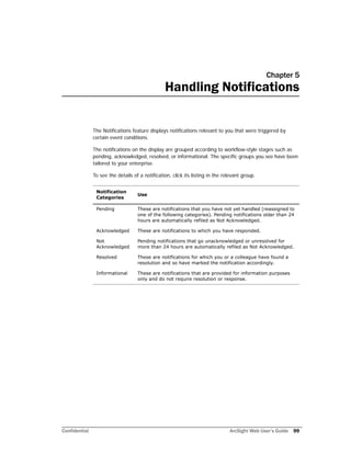 Confidential ArcSight Web User’s Guide 99
Chapter 5
Handling Notifications
The Notifications feature displays notifications relevant to you that were triggered by
certain event conditions.
The notifications on the display are grouped according to workflow-style stages such as
pending, acknowledged, resolved, or informational. The specific groups you see have been
tailored to your enterprise.
To see the details of a notification, click its listing in the relevant group.
Notification
Categories
Use
Pending These are notifications that you have not yet handled (reassigned to
one of the following categories). Pending notifications older than 24
hours are automatically refiled as Not Acknowledged.
Acknowledged These are notifications to which you have responded.
Not
Acknowledged
Pending notifications that go unacknowledged or unresolved for
more than 24 hours are automatically refiled as Not Acknowledged.
Resolved These are notifications for which you or a colleague have found a
resolution and so have marked the notification accordingly.
Informational These are notifications that are provided for information purposes
only and do not require resolution or response.
 