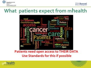 What patients expect from mhealth
Patients need open access toTHEIR DATA
Use Standards for this if possible
 