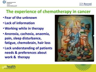 The experience of chemotherapy in cancer
• Fear of the unknown
• Lack of information
• Working while in therapy
• Anorexia, cachexia, anaemia,
pain, sleep disturbance,
fatigue, chemobrain, hair loss
• Lack understanding of patients
needs & preferences about
work & therapy
 