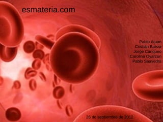 esmateria.com


                                           Pablo Atuan
                                        Cristián Baeza
                                       Jorge Cariqueo
                                      Carolina Oyarzún
                                       Pablo Saavedra




                26 de septiembre de 2012
 