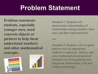 Problem Statement
Standard 1: Students will
demonstrate understanding of
relationships among numbers, their
uses, and their representations.
and
Standard 2: Students will recognize
patterns and use appropriate
methods to represent, analyze, and
solve mathematical and practical
situations involving patterns and
functional relationships, with and
without technology.
Problem statement:
students, especially
younger ones, need
concrete objects or
pictures to help them
understand numbers
and other mathematical
concepts.
 