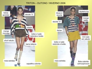 listras 
grandes decote “V” 
bolso c/ pala 
redonda e botão 
barra italiana 
short veludo 
cidade 
manga 
morcego 
sapatilha colorida 
meia estrelas 
mini saia 
em veludo 
decote “V” 
listras 
bolso c/ pala 
redonda e botão 
meia estrelas 
manga 
balão 
Bota colorida 
camurça/couro 
blusa c/ 
recorte 
bijuteria toy 
TRITON – OUTONO / INVERNO 2006 
 