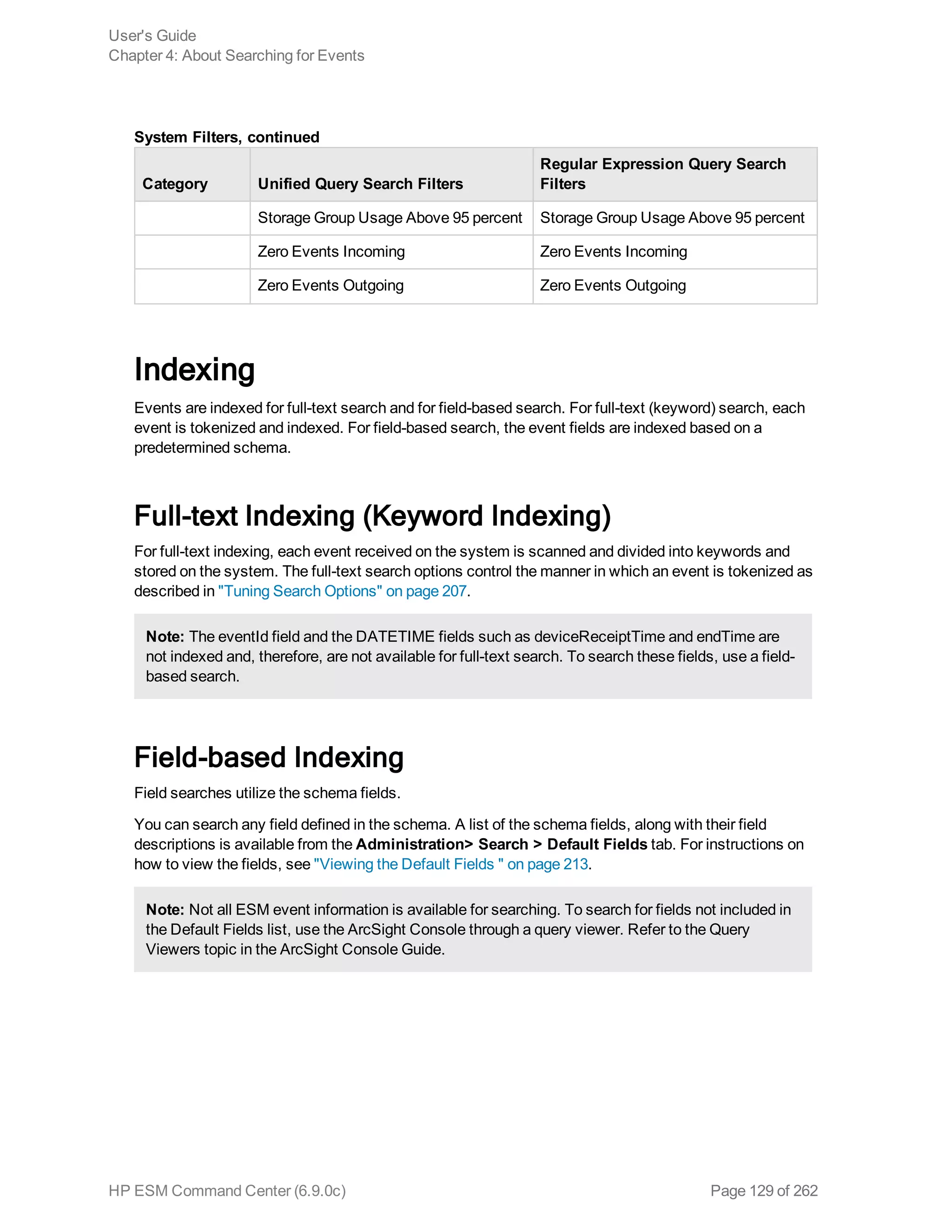 Category Unified Query Search Filters
Regular Expression Query Search
Filters
Storage Group Usage Above 95 percent Storage Group Usage Above 95 percent
Zero Events Incoming Zero Events Incoming
Zero Events Outgoing Zero Events Outgoing
System Filters, continued
Indexing
Events are indexed for full-text search and for field-based search. For full-text (keyword) search, each
event is tokenized and indexed. For field-based search, the event fields are indexed based on a
predetermined schema.
Full-text Indexing (Keyword Indexing)
For full-text indexing, each event received on the system is scanned and divided into keywords and
stored on the system. The full-text search options control the manner in which an event is tokenized as
described in "Tuning Search Options" on page 207.
Note: The eventId field and the DATETIME fields such as deviceReceiptTime and endTime are
not indexed and, therefore, are not available for full-text search. To search these fields, use a field-
based search.
Field-based Indexing
Field searches utilize the schema fields.
You can search any field defined in the schema. A list of the schema fields, along with their field
descriptions is available from the Administration> Search > Default Fields tab. For instructions on
how to view the fields, see "Viewing the Default Fields " on page 213.
Note: Not all ESM event information is available for searching. To search for fields not included in
the Default Fields list, use the ArcSight Console through a query viewer. Refer to the Query
Viewers topic in the ArcSight Console Guide.
User's Guide
Chapter 4: About Searching for Events
HP ESM Command Center (6.9.0c) Page 129 of 262
 
