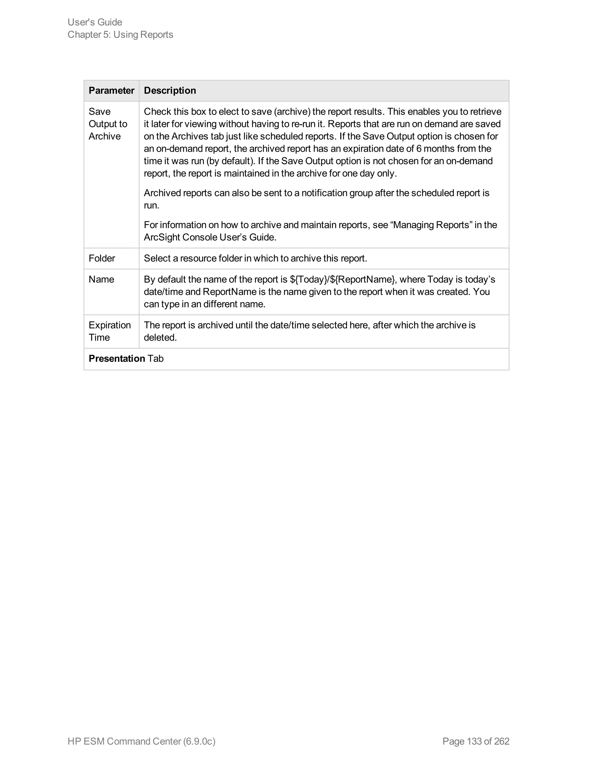 Parameter Description
Save
Output to
Archive
Check this box to elect to save (archive) the report results. This enables you to retrieve
it later for viewing without having to re-run it. Reports that are run on demand are saved
on the Archives tab just like scheduled reports. If the Save Output option is chosen for
an on-demand report, the archived report has an expiration date of 6 months from the
time it was run (by default). If the Save Output option is not chosen for an on-demand
report, the report is maintained in the archive for one day only.
Archived reports can also be sent to a notification group after the scheduled report is
run.
For information on how to archive and maintain reports, see “Managing Reports” in the
ArcSight Console User’s Guide.
Folder Select a resource folder in which to archive this report.
Name By default the name of the report is ${Today}/${ReportName}, where Today is today’s
date/time and ReportName is the name given to the report when it was created. You
can type in an different name.
Expiration
Time
The report is archived until the date/time selected here, after which the archive is
deleted.
Presentation Tab
User's Guide
Chapter 5: Using Reports
HP ESM Command Center (6.9.0c) Page 133 of 262
 