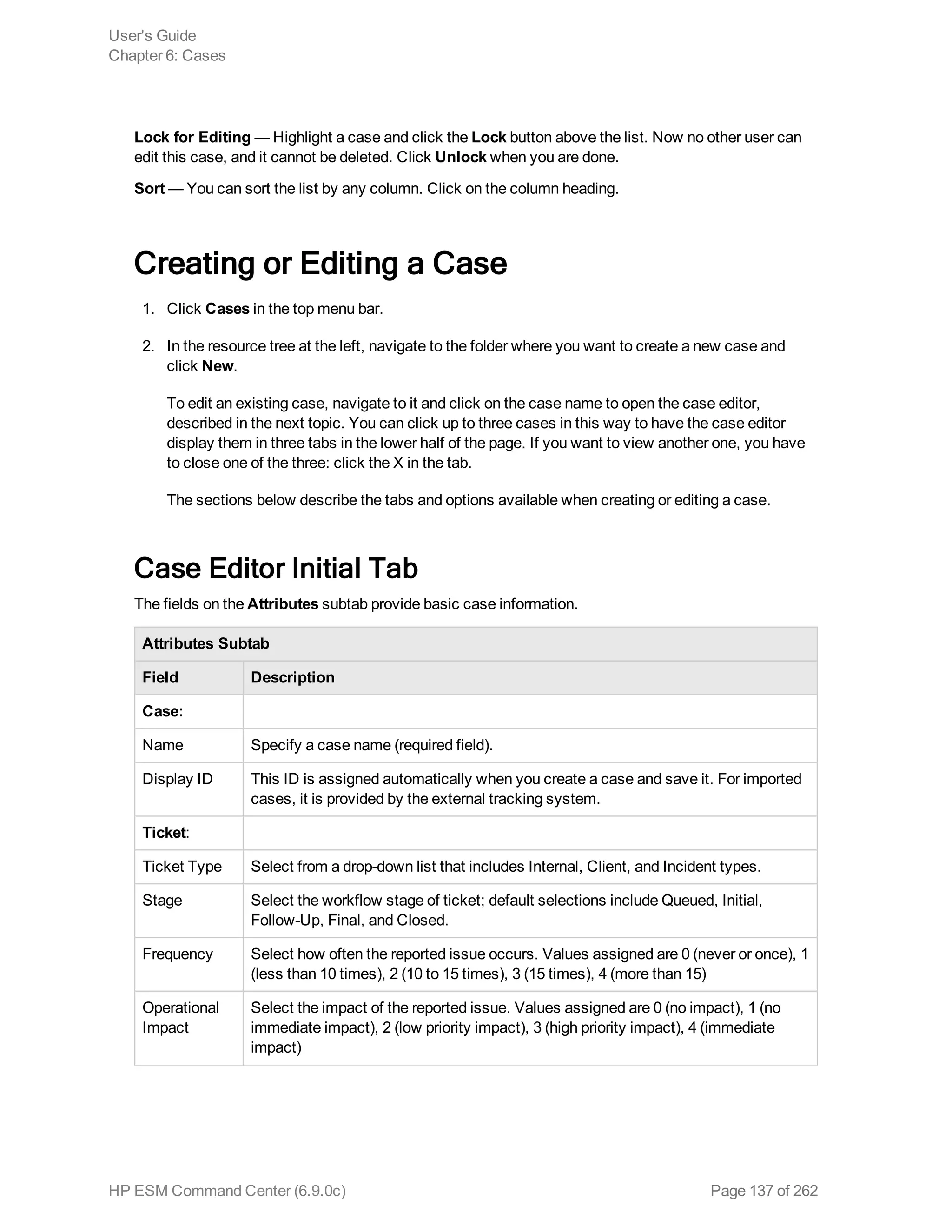 Lock for Editing — Highlight a case and click the Lock button above the list. Now no other user can
edit this case, and it cannot be deleted. Click Unlock when you are done.
Sort — You can sort the list by any column. Click on the column heading.
Creating or Editing a Case
1. Click Cases in the top menu bar.
2. In the resource tree at the left, navigate to the folder where you want to create a new case and
click New.
To edit an existing case, navigate to it and click on the case name to open the case editor,
described in the next topic. You can click up to three cases in this way to have the case editor
display them in three tabs in the lower half of the page. If you want to view another one, you have
to close one of the three: click the X in the tab.
The sections below describe the tabs and options available when creating or editing a case.
Case Editor Initial Tab
The fields on the Attributes subtab provide basic case information.
Attributes Subtab
Field Description
Case:
Name Specify a case name (required field).
Display ID This ID is assigned automatically when you create a case and save it. For imported
cases, it is provided by the external tracking system.
Ticket:
Ticket Type Select from a drop-down list that includes Internal, Client, and Incident types.
Stage Select the workflow stage of ticket; default selections include Queued, Initial,
Follow-Up, Final, and Closed.
Frequency Select how often the reported issue occurs. Values assigned are 0 (never or once), 1
(less than 10 times), 2 (10 to 15 times), 3 (15 times), 4 (more than 15)
Operational
Impact
Select the impact of the reported issue. Values assigned are 0 (no impact), 1 (no
immediate impact), 2 (low priority impact), 3 (high priority impact), 4 (immediate
impact)
User's Guide
Chapter 6: Cases
HP ESM Command Center (6.9.0c) Page 137 of 262
 