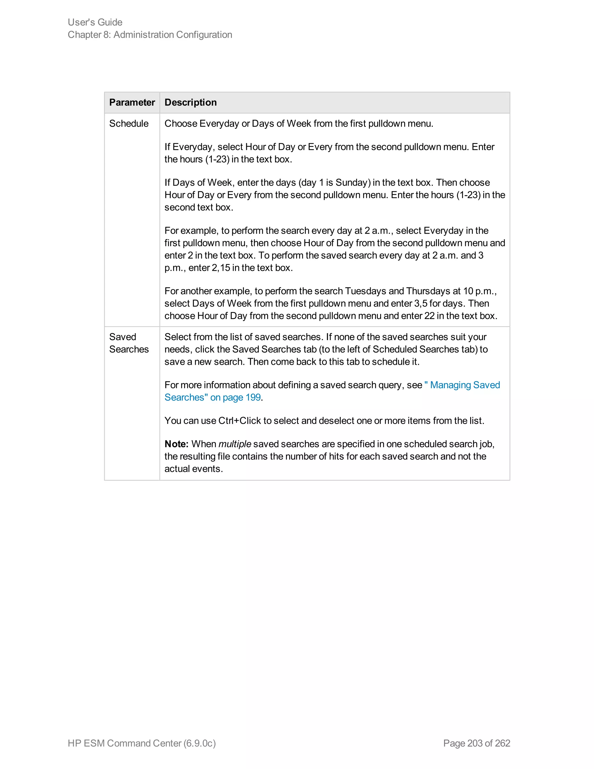 Parameter Description
Schedule Choose Everyday or Days of Week from the first pulldown menu.
If Everyday, select Hour of Day or Every from the second pulldown menu. Enter
the hours (1-23) in the text box.
If Days of Week, enter the days (day 1 is Sunday) in the text box. Then choose
Hour of Day or Every from the second pulldown menu. Enter the hours (1-23) in the
second text box.
For example, to perform the search every day at 2 a.m., select Everyday in the
first pulldown menu, then choose Hour of Day from the second pulldown menu and
enter 2 in the text box. To perform the saved search every day at 2 a.m. and 3
p.m., enter 2,15 in the text box.
For another example, to perform the search Tuesdays and Thursdays at 10 p.m.,
select Days of Week from the first pulldown menu and enter 3,5 for days. Then
choose Hour of Day from the second pulldown menu and enter 22 in the text box.
Saved
Searches
Select from the list of saved searches. If none of the saved searches suit your
needs, click the Saved Searches tab (to the left of Scheduled Searches tab) to
save a new search. Then come back to this tab to schedule it.
For more information about defining a saved search query, see " Managing Saved
Searches" on page 199.
You can use Ctrl+Click to select and deselect one or more items from the list.
Note: When multiple saved searches are specified in one scheduled search job,
the resulting file contains the number of hits for each saved search and not the
actual events.
User's Guide
Chapter 8: Administration Configuration
HP ESM Command Center (6.9.0c) Page 203 of 262
 