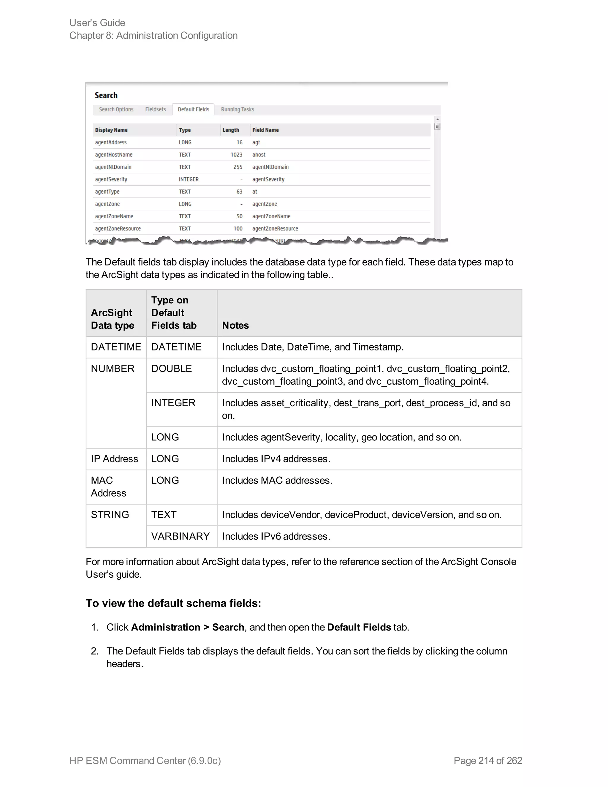 The Default fields tab display includes the database data type for each field. These data types map to
the ArcSight data types as indicated in the following table..
ArcSight
Data type
Type on
Default
Fields tab Notes
DATETIME DATETIME Includes Date, DateTime, and Timestamp.
NUMBER DOUBLE Includes dvc_custom_floating_point1, dvc_custom_floating_point2,
dvc_custom_floating_point3, and dvc_custom_floating_point4.
INTEGER Includes asset_criticality, dest_trans_port, dest_process_id, and so
on.
LONG Includes agentSeverity, locality, geo location, and so on.
IP Address LONG Includes IPv4 addresses.
MAC
Address
LONG Includes MAC addresses.
STRING TEXT Includes deviceVendor, deviceProduct, deviceVersion, and so on.
VARBINARY Includes IPv6 addresses.
For more information about ArcSight data types, refer to the reference section of the ArcSight Console
User’s guide.
To view the default schema fields:
1. Click Administration > Search, and then open the Default Fields tab.
2. The Default Fields tab displays the default fields. You can sort the fields by clicking the column
headers.
User's Guide
Chapter 8: Administration Configuration
HP ESM Command Center (6.9.0c) Page 214 of 262
 