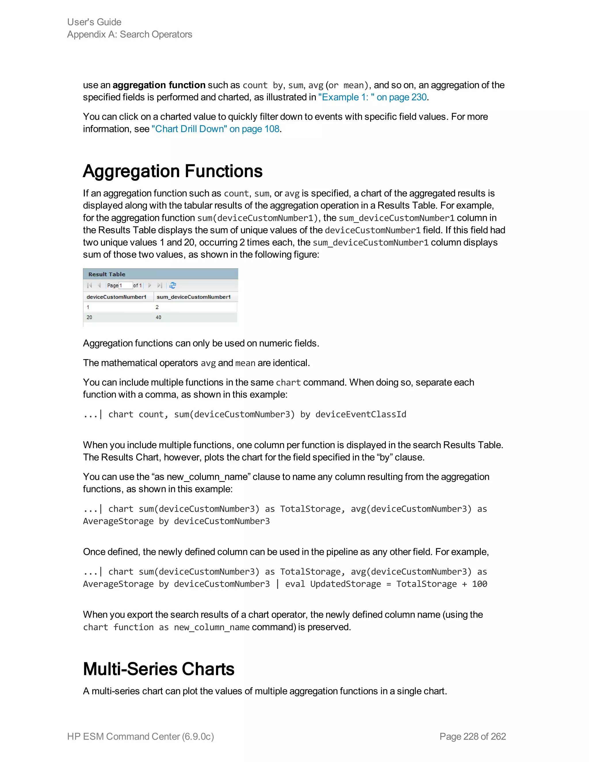use an aggregation function such as count by, sum, avg (or mean), and so on, an aggregation of the
specified fields is performed and charted, as illustrated in "Example 1: " on page 230.
You can click on a charted value to quickly filter down to events with specific field values. For more
information, see "Chart Drill Down" on page 108.
Aggregation Functions
If an aggregation function such as count, sum, or avg is specified, a chart of the aggregated results is
displayed along with the tabular results of the aggregation operation in a Results Table. For example,
for the aggregation function sum(deviceCustomNumber1), the sum_deviceCustomNumber1 column in
the Results Table displays the sum of unique values of the deviceCustomNumber1 field. If this field had
two unique values 1 and 20, occurring 2 times each, the sum_deviceCustomNumber1 column displays
sum of those two values, as shown in the following figure:
Aggregation functions can only be used on numeric fields.
The mathematical operators avg and mean are identical.
You can include multiple functions in the same chart command. When doing so, separate each
function with a comma, as shown in this example:
...| chart count, sum(deviceCustomNumber3) by deviceEventClassId
When you include multiple functions, one column per function is displayed in the search Results Table.
The Results Chart, however, plots the chart for the field specified in the “by” clause.
You can use the “as new_column_name” clause to name any column resulting from the aggregation
functions, as shown in this example:
...| chart sum(deviceCustomNumber3) as TotalStorage, avg(deviceCustomNumber3) as
AverageStorage by deviceCustomNumber3
Once defined, the newly defined column can be used in the pipeline as any other field. For example,
...| chart sum(deviceCustomNumber3) as TotalStorage, avg(deviceCustomNumber3) as
AverageStorage by deviceCustomNumber3 | eval UpdatedStorage = TotalStorage + 100
When you export the search results of a chart operator, the newly defined column name (using the
chart function as new_column_name command) is preserved.
Multi-Series Charts
A multi-series chart can plot the values of multiple aggregation functions in a single chart.
User's Guide
Appendix A: Search Operators
HP ESM Command Center (6.9.0c) Page 228 of 262
 