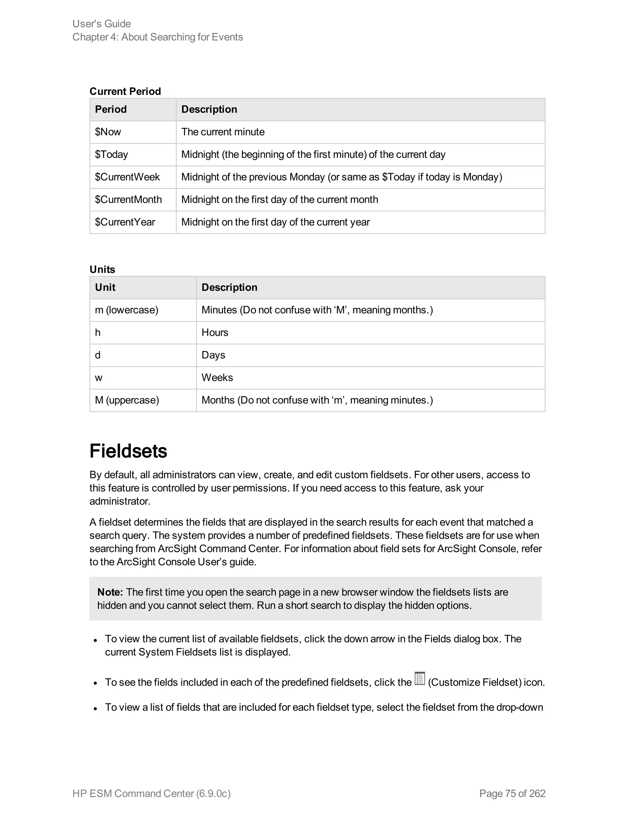 Period Description
$Now The current minute
$Today Midnight (the beginning of the first minute) of the current day
$CurrentWeek Midnight of the previous Monday (or same as $Today if today is Monday)
$CurrentMonth Midnight on the first day of the current month
$CurrentYear Midnight on the first day of the current year
Current Period
Unit Description
m (lowercase) Minutes (Do not confuse with ‘M’, meaning months.)
h Hours
d Days
w Weeks
M (uppercase) Months (Do not confuse with ‘m’, meaning minutes.)
Units
Fieldsets
By default, all administrators can view, create, and edit custom fieldsets. For other users, access to
this feature is controlled by user permissions. If you need access to this feature, ask your
administrator.
A fieldset determines the fields that are displayed in the search results for each event that matched a
search query. The system provides a number of predefined fieldsets. These fieldsets are for use when
searching from ArcSight Command Center. For information about field sets for ArcSight Console, refer
to the ArcSight Console User’s guide.
Note: The first time you open the search page in a new browser window the fieldsets lists are
hidden and you cannot select them. Run a short search to display the hidden options.
l To view the current list of available fieldsets, click the down arrow in the Fields dialog box. The
current System Fieldsets list is displayed.
l To see the fields included in each of the predefined fieldsets, click the (Customize Fieldset) icon.
l To view a list of fields that are included for each fieldset type, select the fieldset from the drop-down
User's Guide
Chapter 4: About Searching for Events
HP ESM Command Center (6.9.0c) Page 75 of 262
 