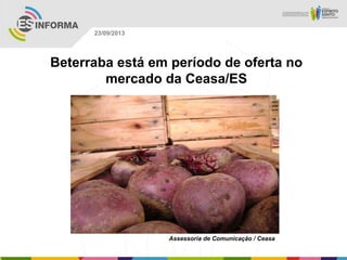 Assessoria de Comunicação / Ceasa
23/09/2013
Beterraba está em período de oferta no
mercado da Ceasa/ES
 