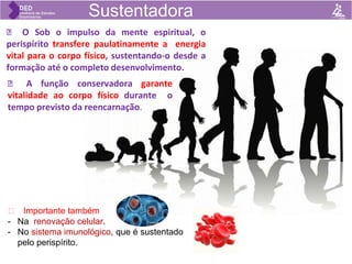 🡺 A função conservadora garante
vitalidade ao corpo físico durante o
tempo previsto da reencarnação.
🡺 Importante também
- Na renovação celular.
- No sistema imunológico, que é sustentado
pelo perispírito.
Sustentadora
🡺 O Sob o impulso da mente espiritual, o
perispírito transfere paulatinamente a energia
vital para o corpo físico, sustentando-o desde a
formação até o completo desenvolvimento.
 