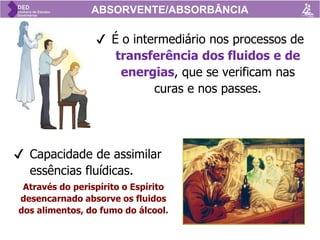 ABSORVENTE/ABSORBÂNCIA
✔ É o intermediário nos processos de
transferência dos fluidos e de
energias, que se verificam nas
curas e nos passes.
✔ Capacidade de assimilar
essências fluídicas.
Através do perispírito o Espírito
desencarnado absorve os fluidos
dos alimentos, do fumo do álcool.
 